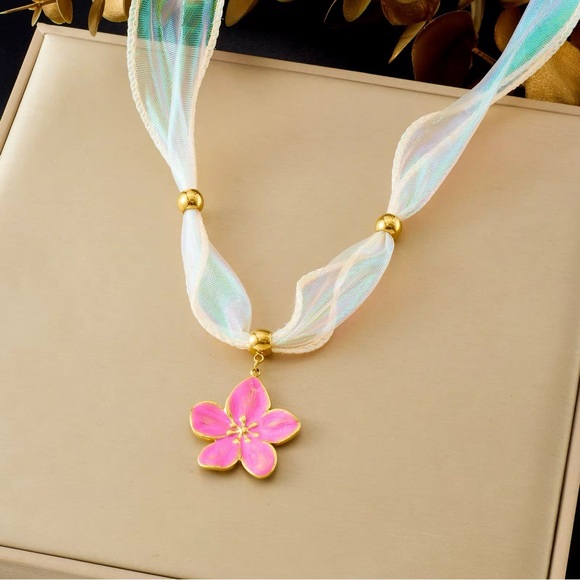 adrianco555 Jewelry - 02 • Pink Flower Pendant Necklace on Sheer Mermaid Translucent Organza Ribbon